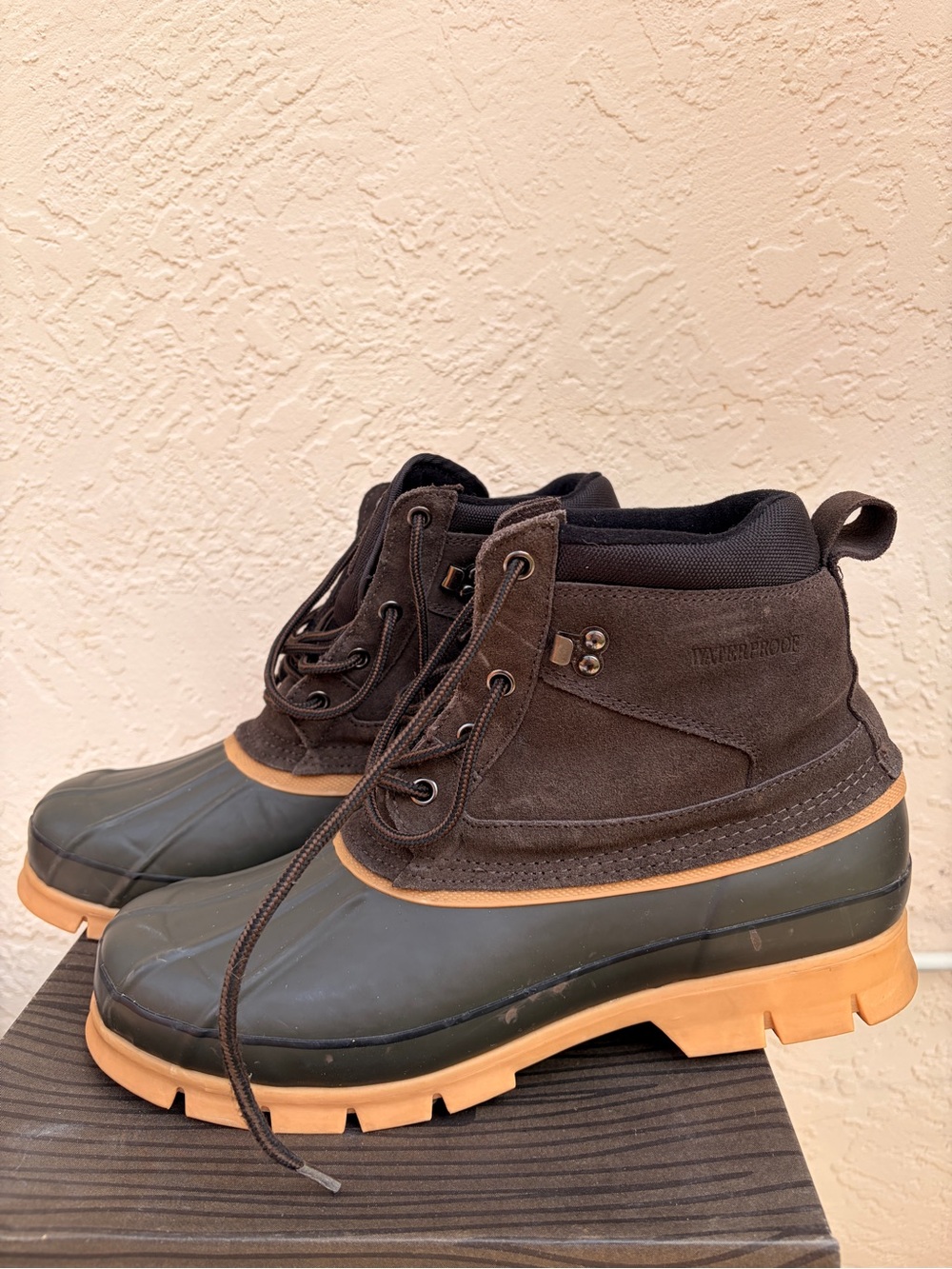 Men's Bass Plough Brown Waterproof Duck Boots with Tan Sole size 12